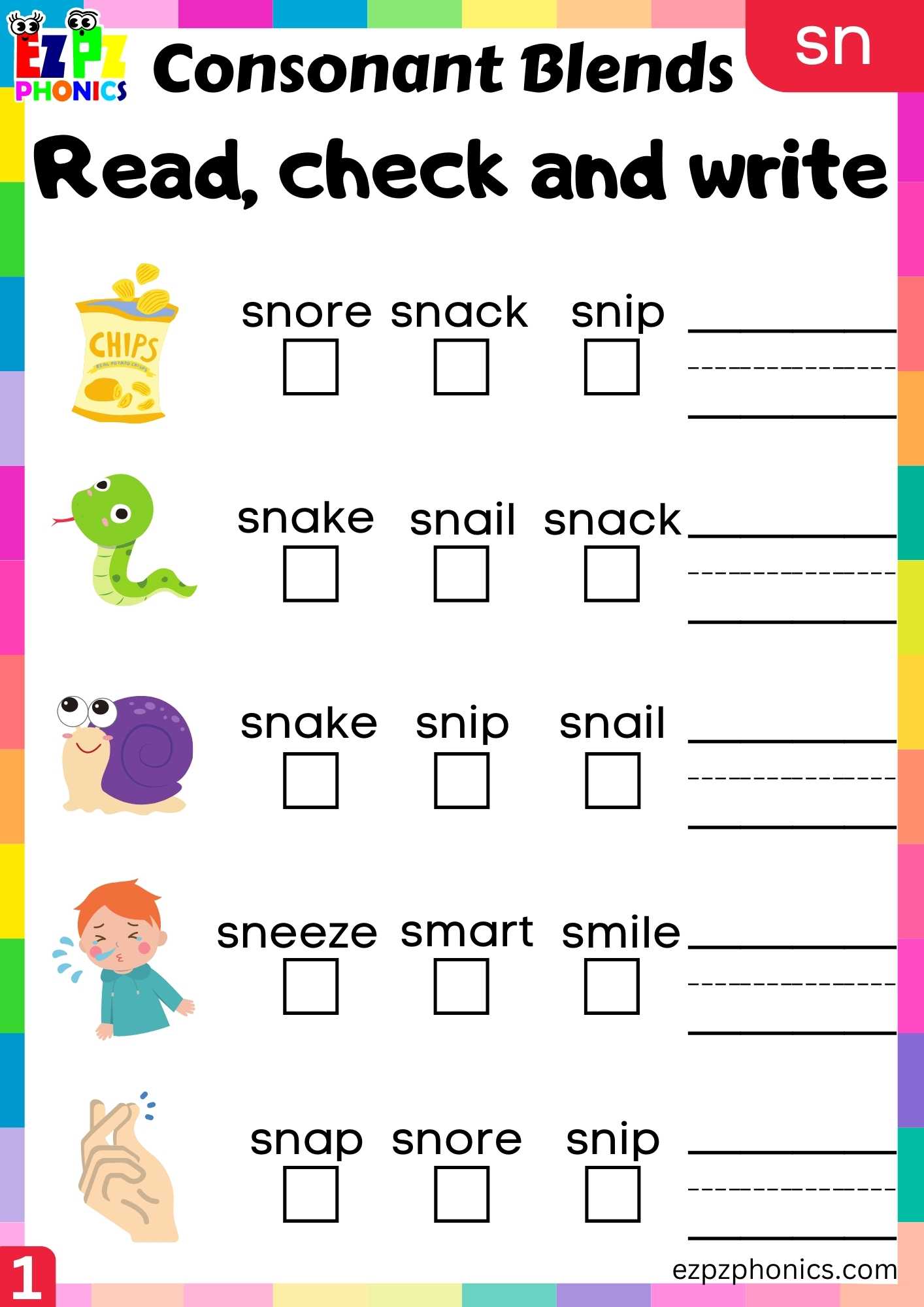 Group1 SN Words Read, Check And Write Phonics Consonant Blends Worksheet